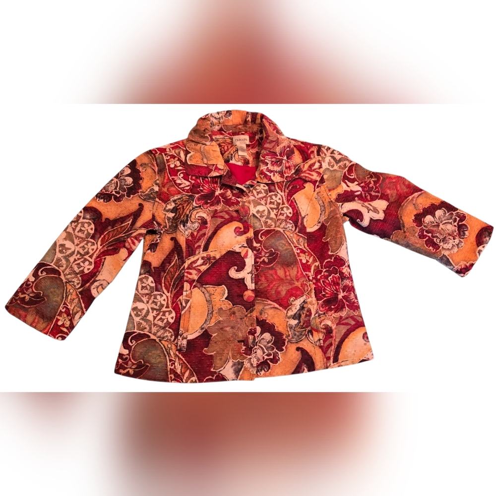 Chico's Silk Blend Floral Jacket Size 1 Large Button Front 3/4 Sleeve Pockets